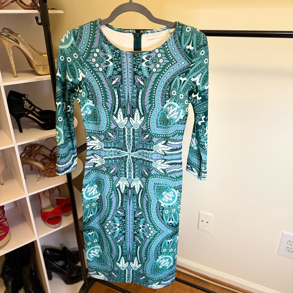 New York & Company Teal and White Long Sleeve Dress